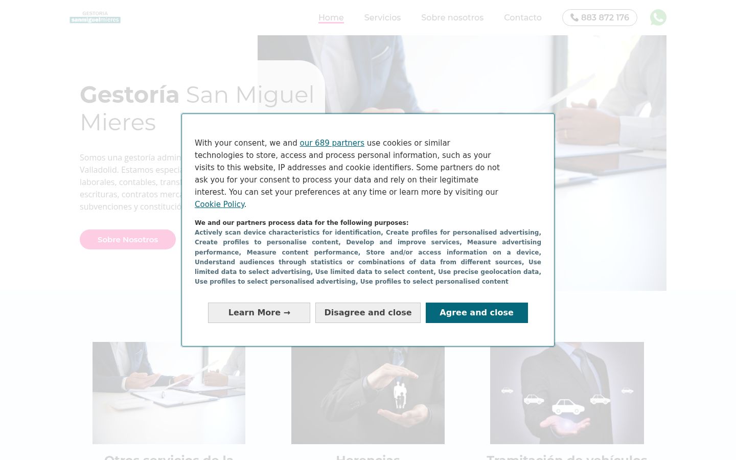 Captura de ecrã do banner de consentimento apresentado antes de qualquer interação