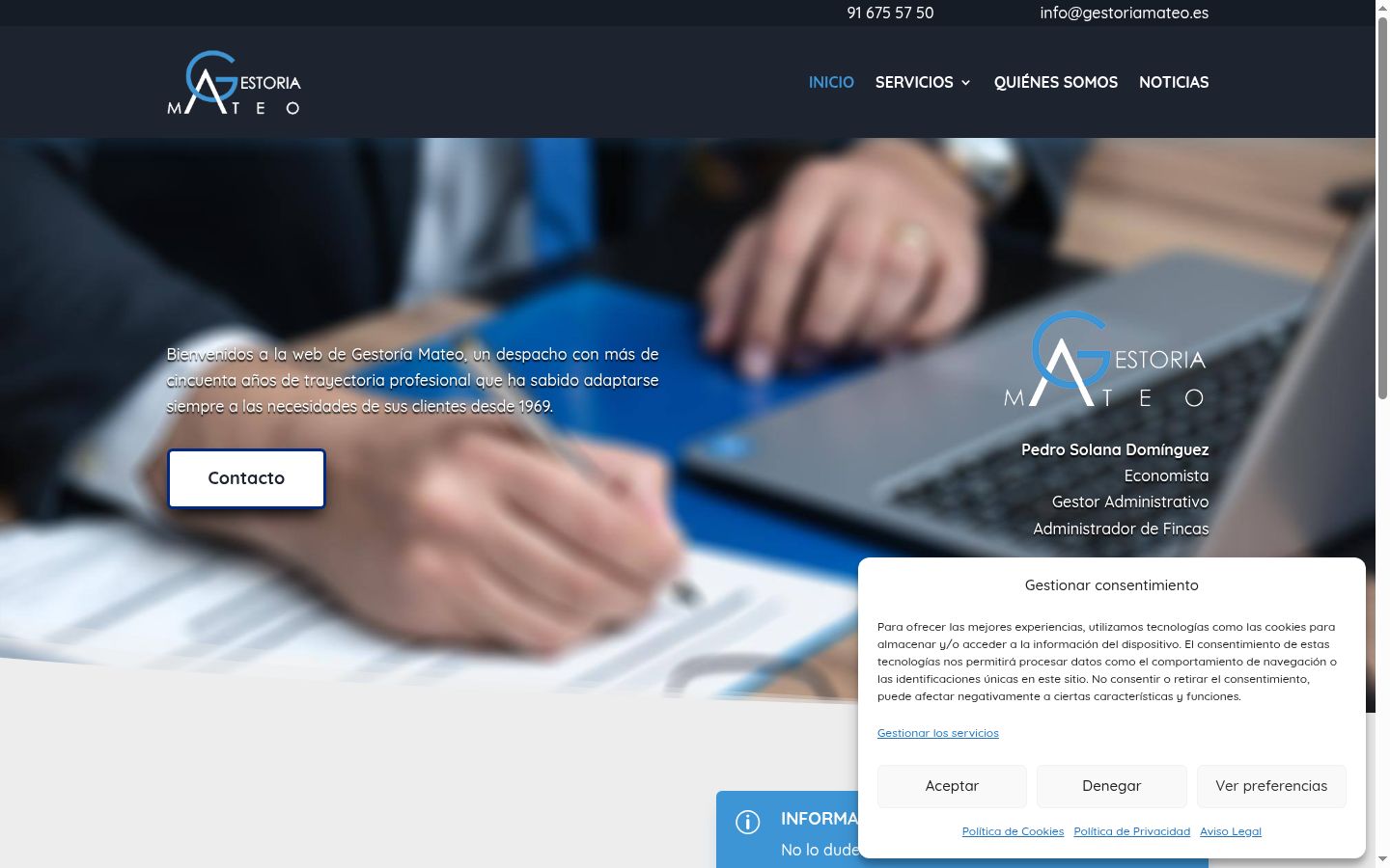 Captura de ecrã do banner de consentimento apresentado antes de qualquer interação