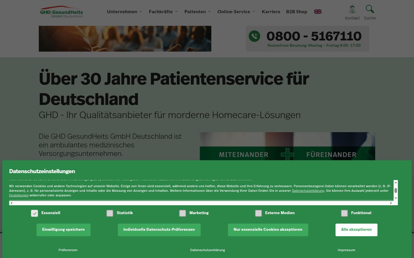 Screenshot des Einwilligungsbanners vor jeglicher Interaktion