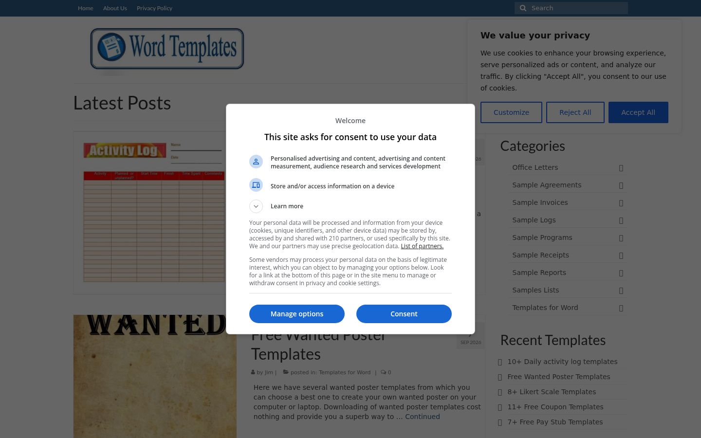 Screenshot del banner di consenso mostrato prima di qualsiasi interazione