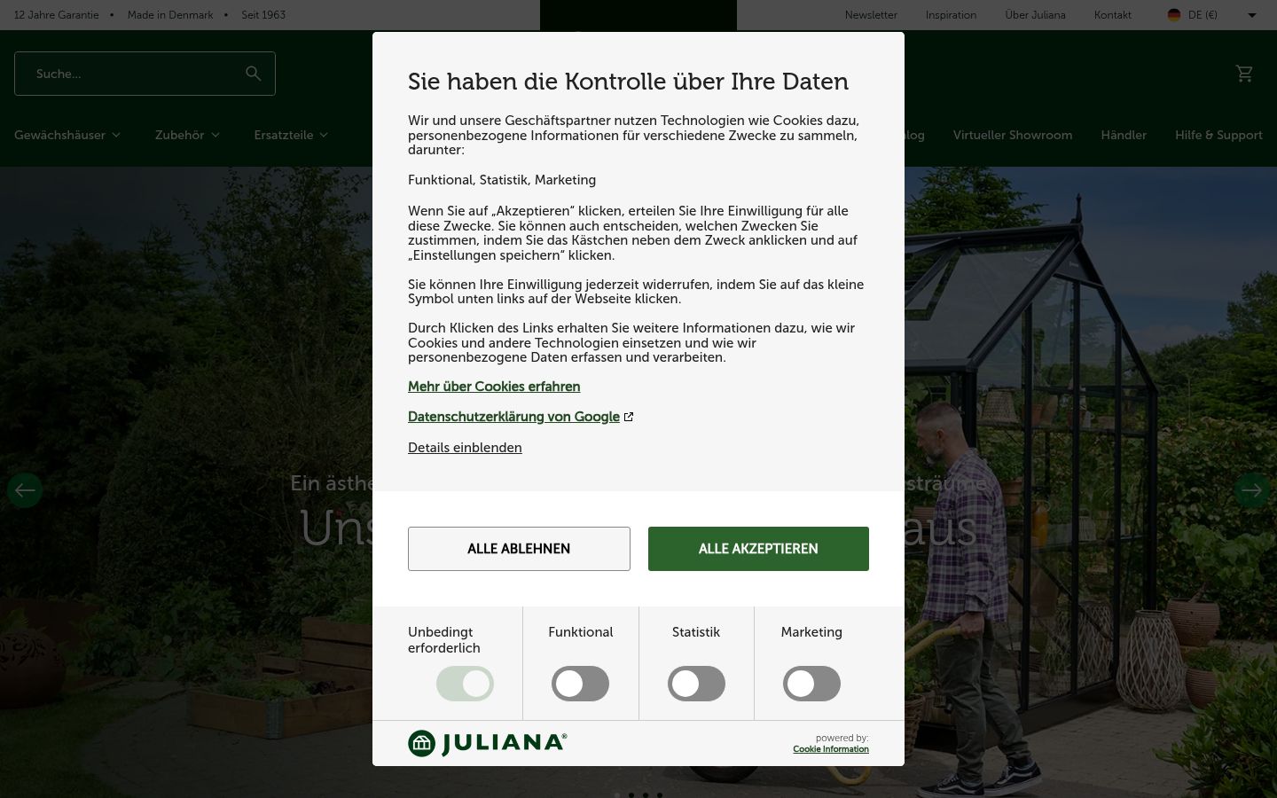 Ekrānuzņēmums ar piekrišanas baneri, kas tika rādīts pirms jebkādas mijiedarbības