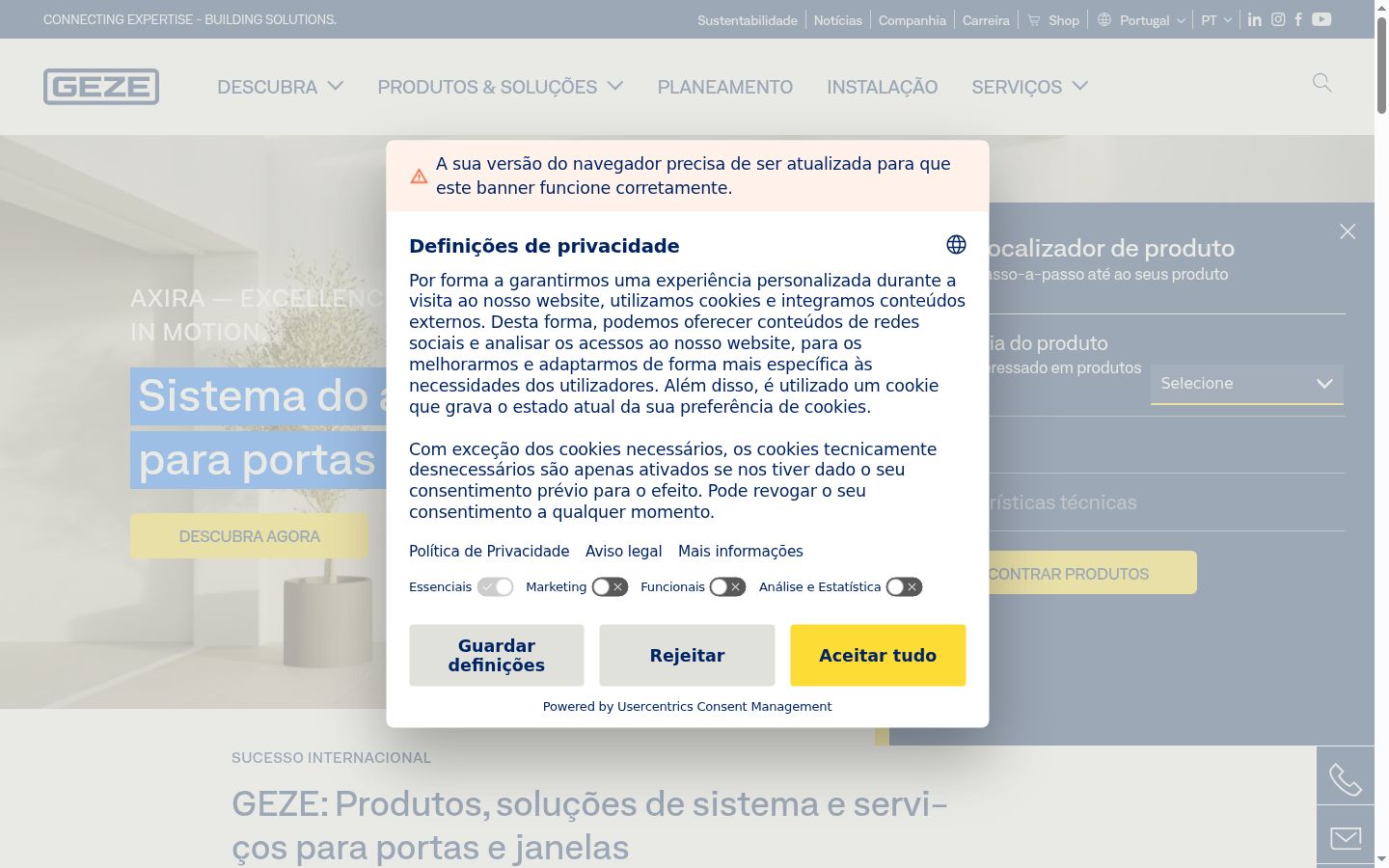 Captura de ecrã do banner de consentimento apresentado antes de qualquer interação