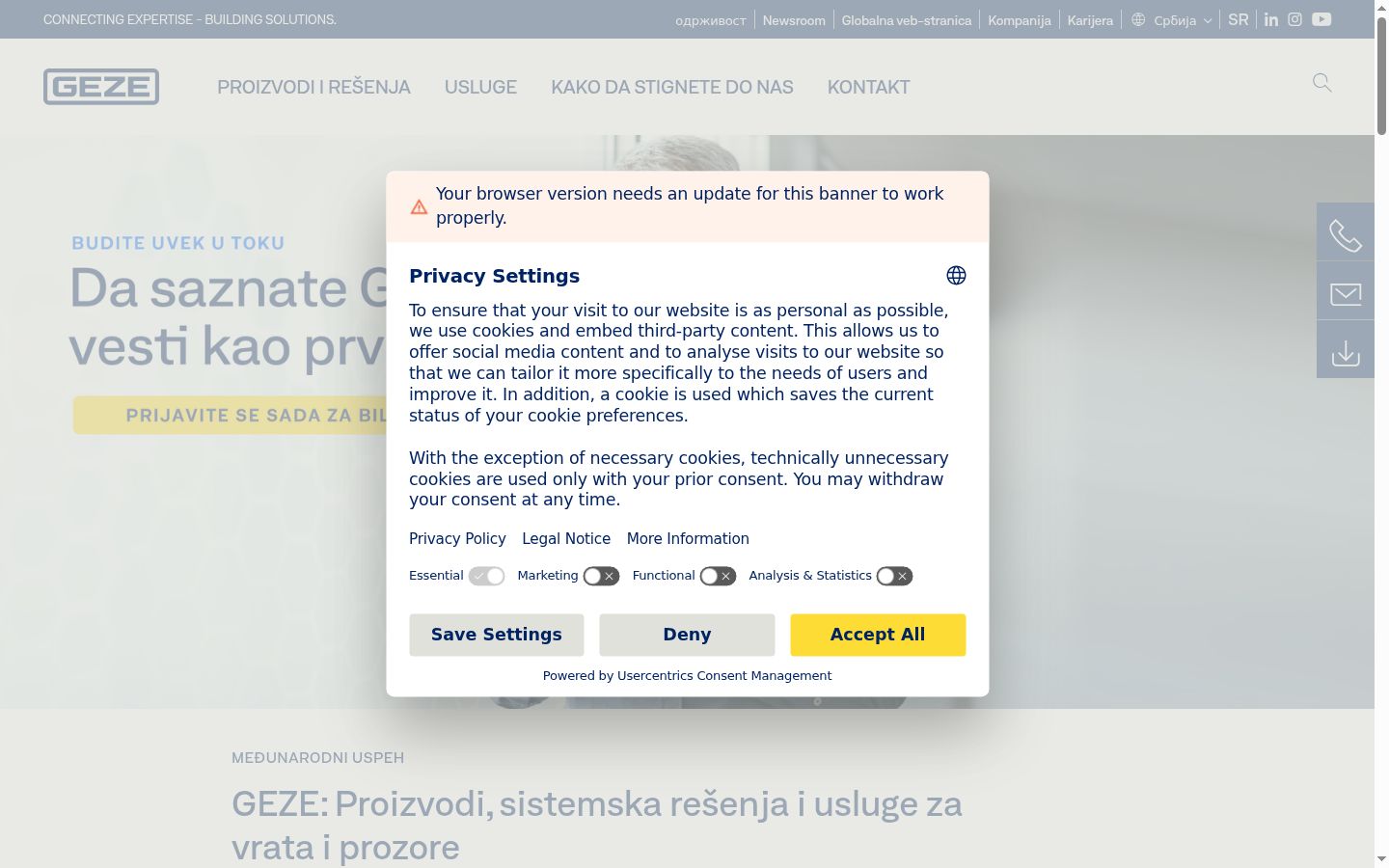 Snimka zaslona bannera za privolu prikazanog prije bilo kakve interakcije
