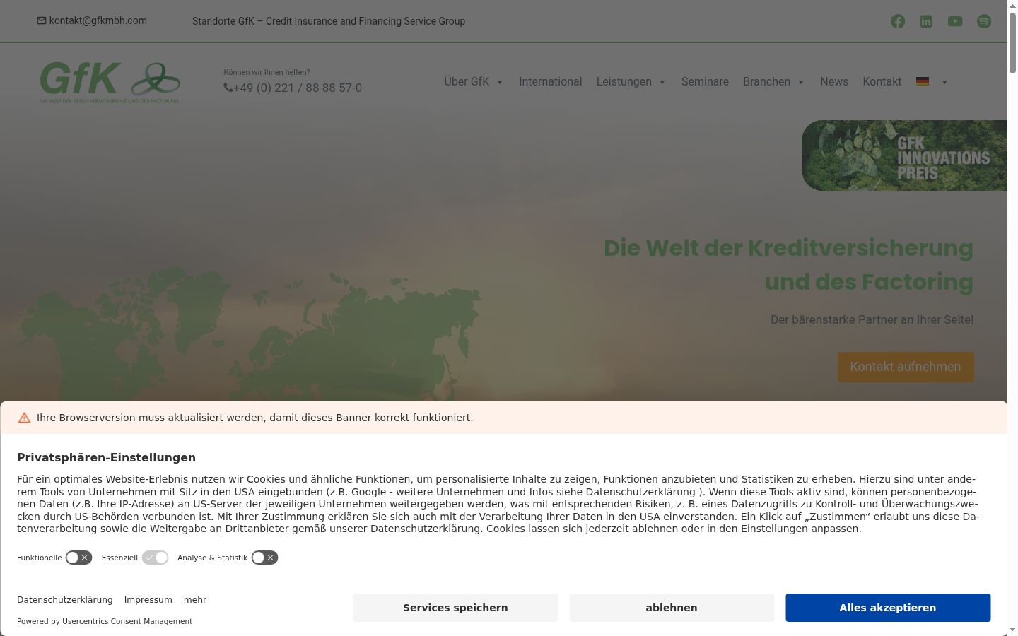 Screenshot del banner di consenso mostrato prima di qualsiasi interazione