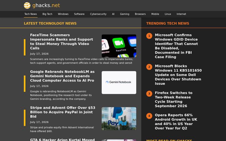Screenshot stránky ghacks.net