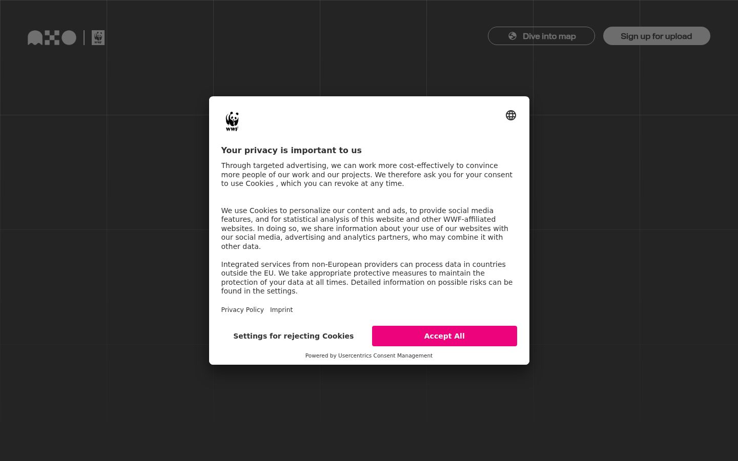 Captura de ecrã do banner de consentimento apresentado antes de qualquer interação