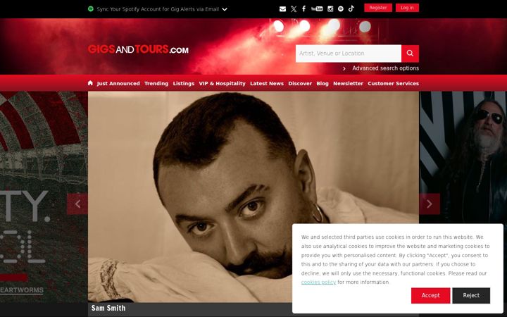 Screenshot of gigsandtours.com