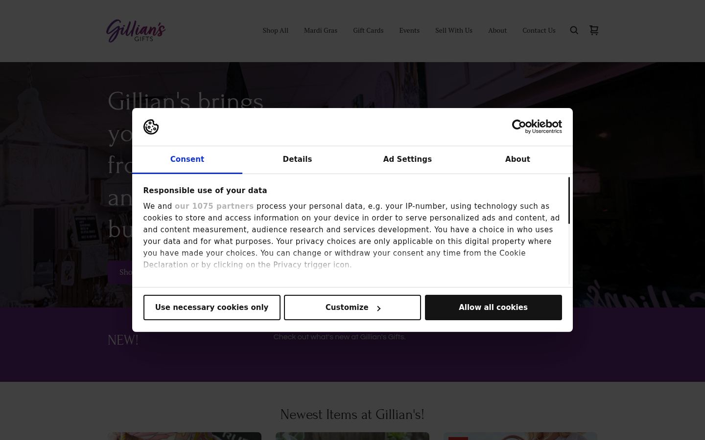 Captura de ecrã do banner de consentimento apresentado antes de qualquer interação