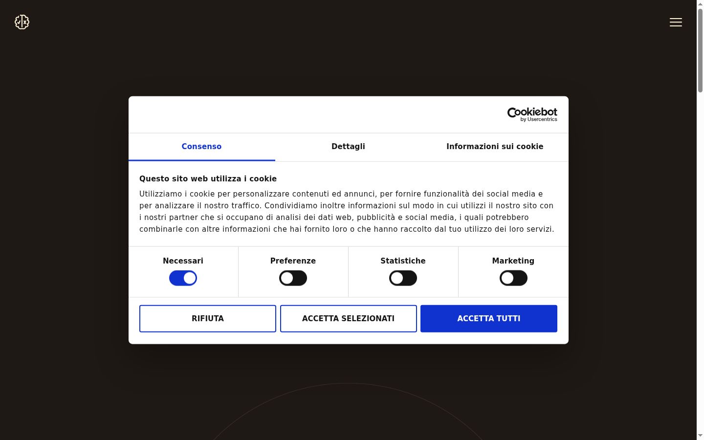 Screenshot del banner di consenso mostrato prima di qualsiasi interazione