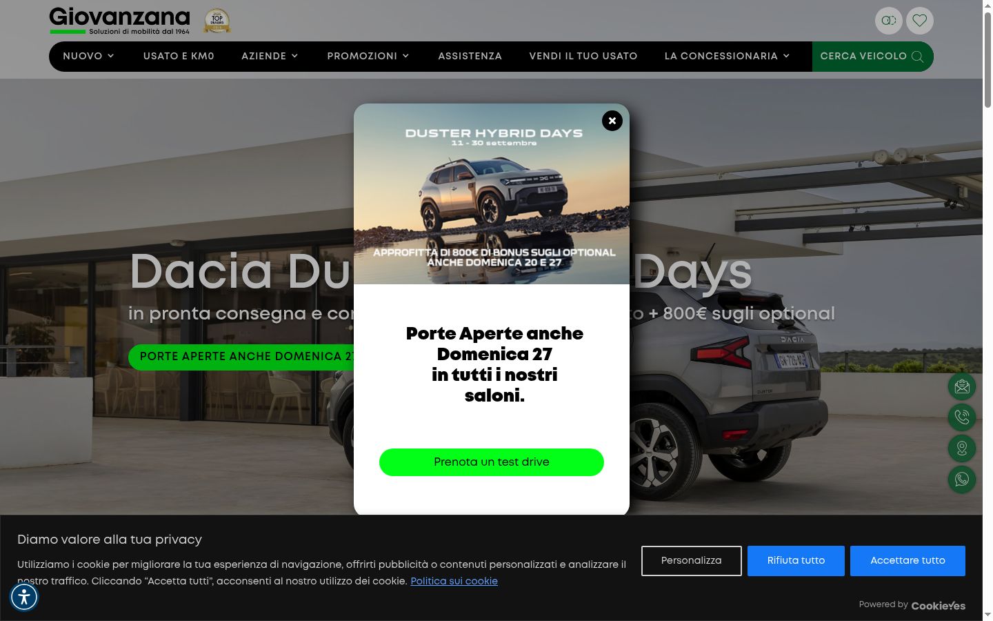 Screenshot del banner di consenso mostrato prima di qualsiasi interazione