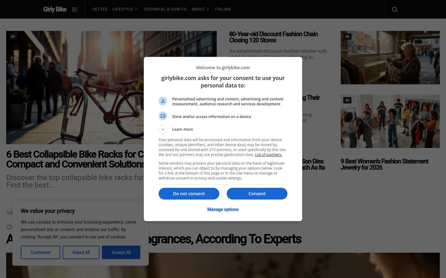 Screenshot del banner di consenso mostrato prima di qualsiasi interazione