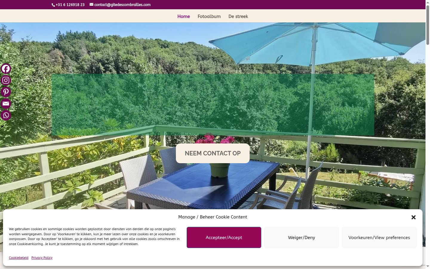Captura de ecrã do banner de consentimento apresentado antes de qualquer interação