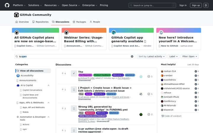 Kuvakaappaus sivustosta github.community