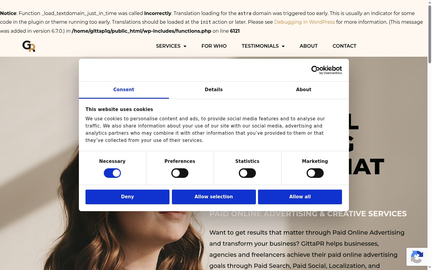 Screenshot del banner di consenso mostrato prima di qualsiasi interazione