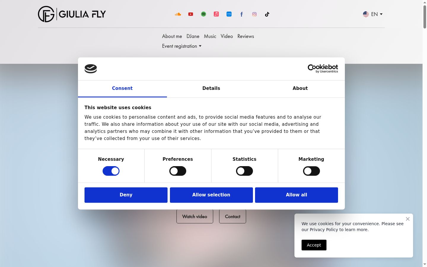 Screenshot del banner di consenso mostrato prima di qualsiasi interazione