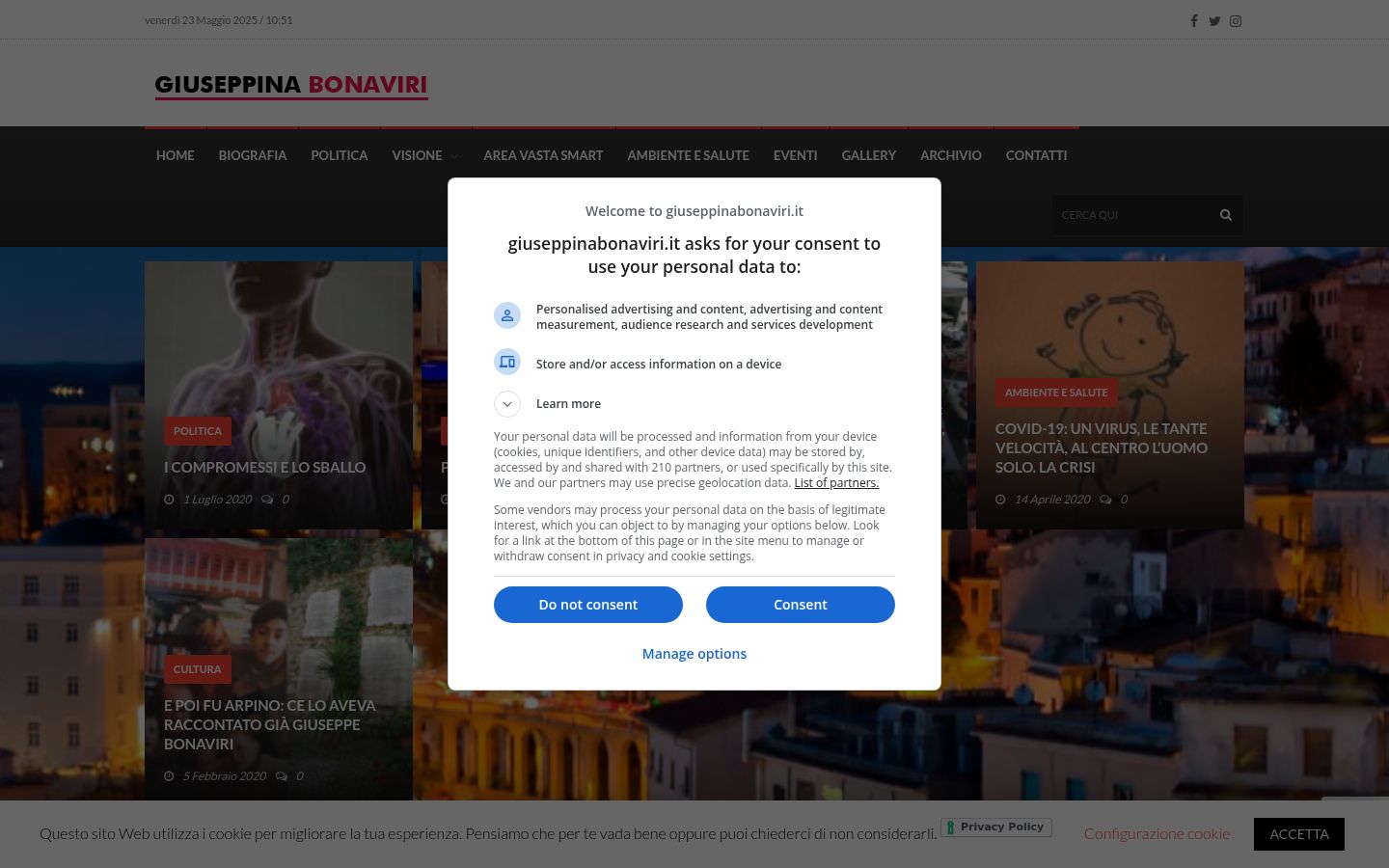 Screenshot del banner di consenso mostrato prima di qualsiasi interazione