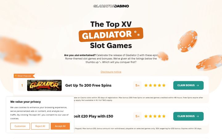 Screenshot of gladiatorcasino.com