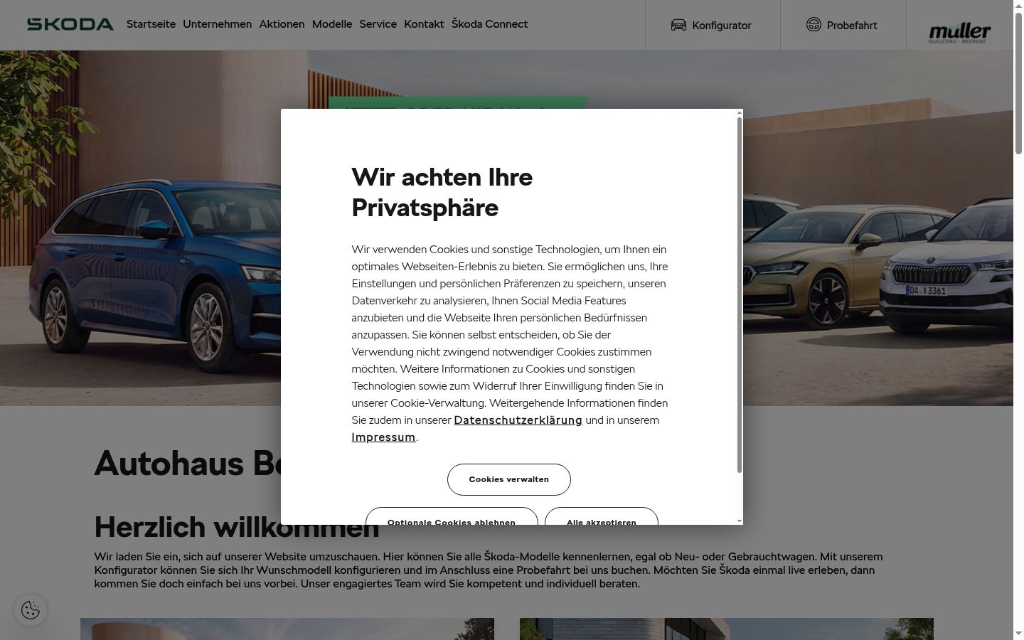 Screenshot des Einwilligungsbanners vor jeglicher Interaktion