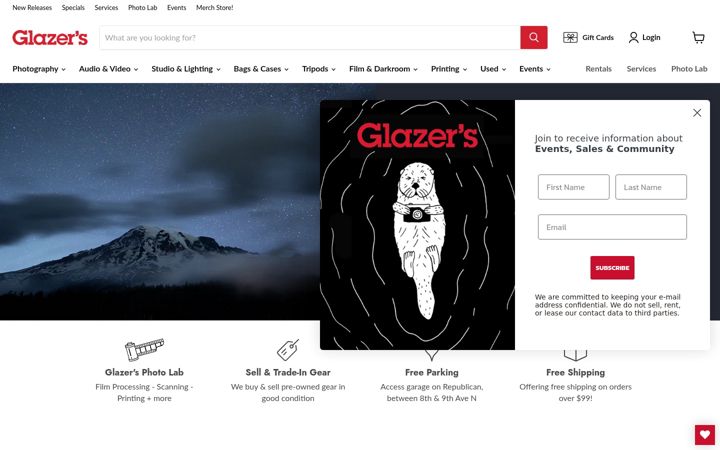Snímek obrazovky glazerscamera.com
