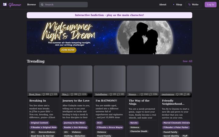 Screenshot of glimmerfics.com