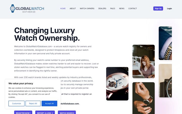 Screenshot of globalwatchdatabase.com