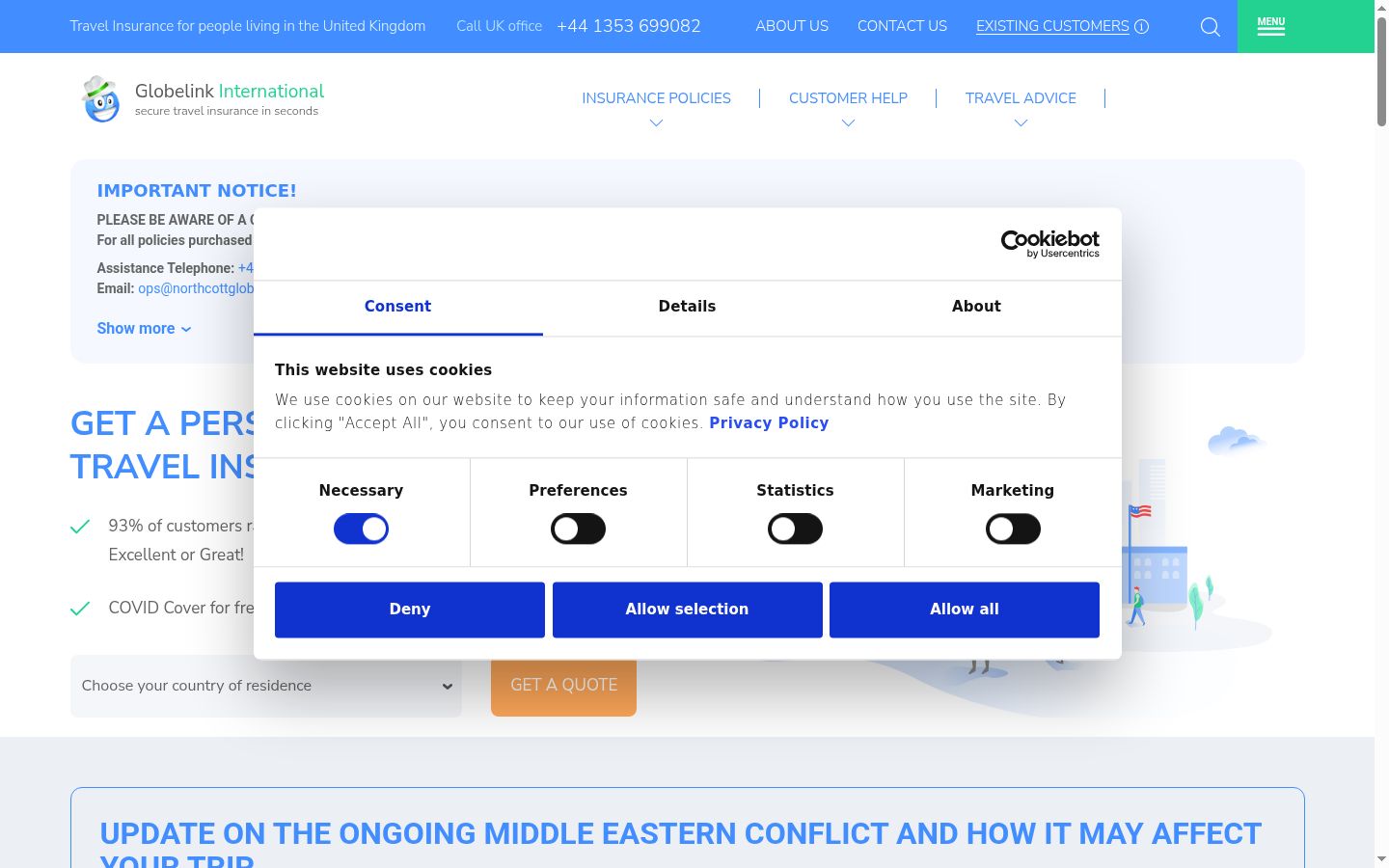Screenshot del banner di consenso mostrato prima di qualsiasi interazione