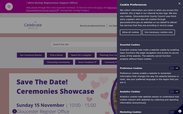 Screenshot of gloucestershireregistrationservice.co.uk
