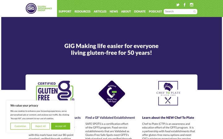 Screenshot of gluten.org