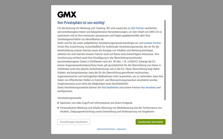 Captură de ecran a gmx.ch