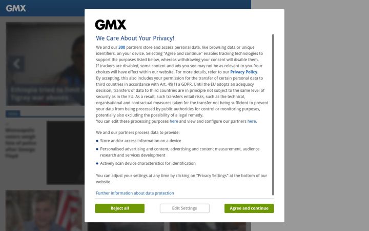 Kuvakaappaus sivustosta gmx.com
