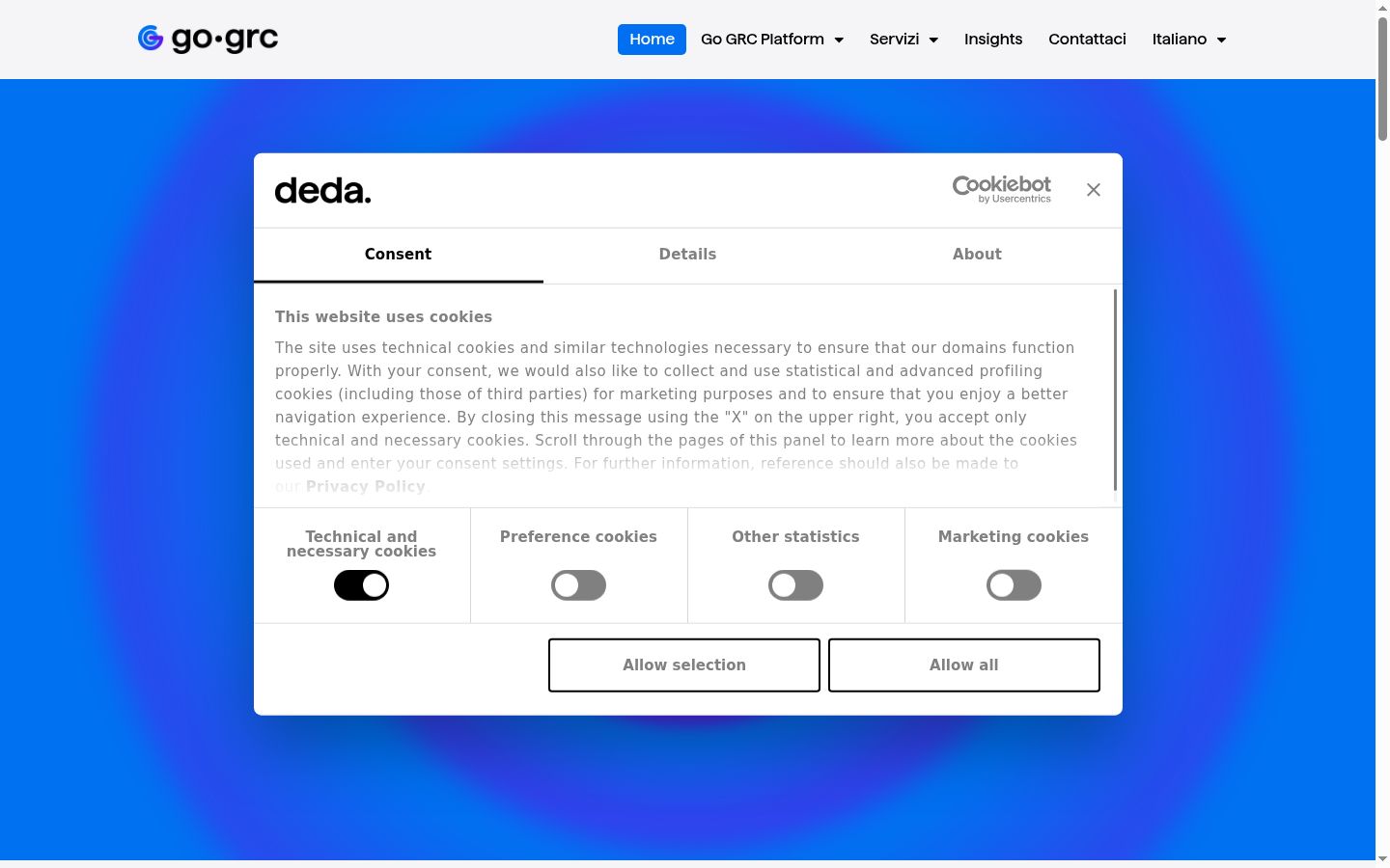 Screenshot del banner di consenso mostrato prima di qualsiasi interazione