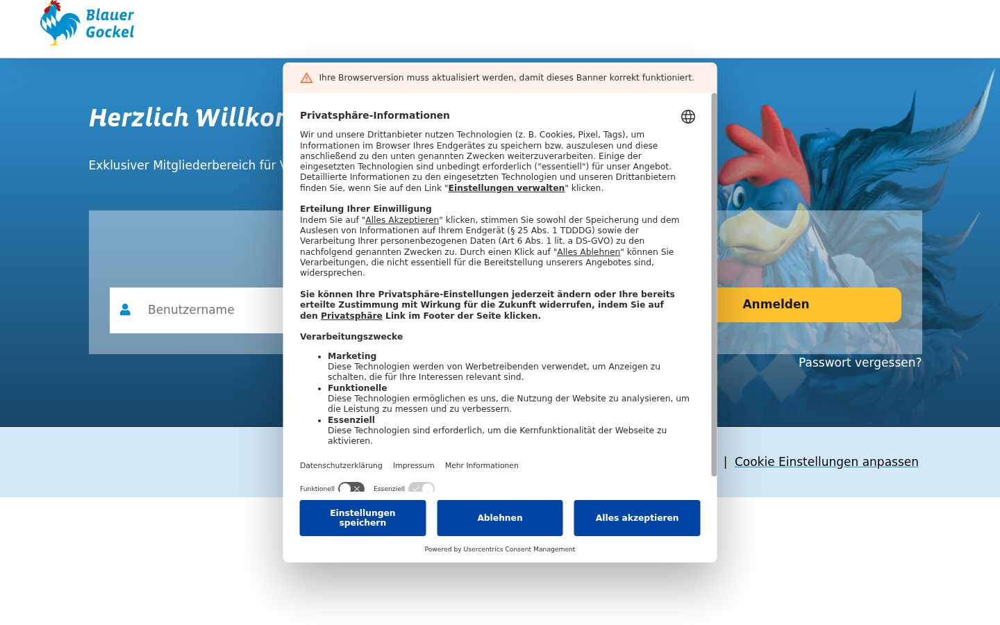 Screenshot des Einwilligungsbanners vor jeglicher Interaktion