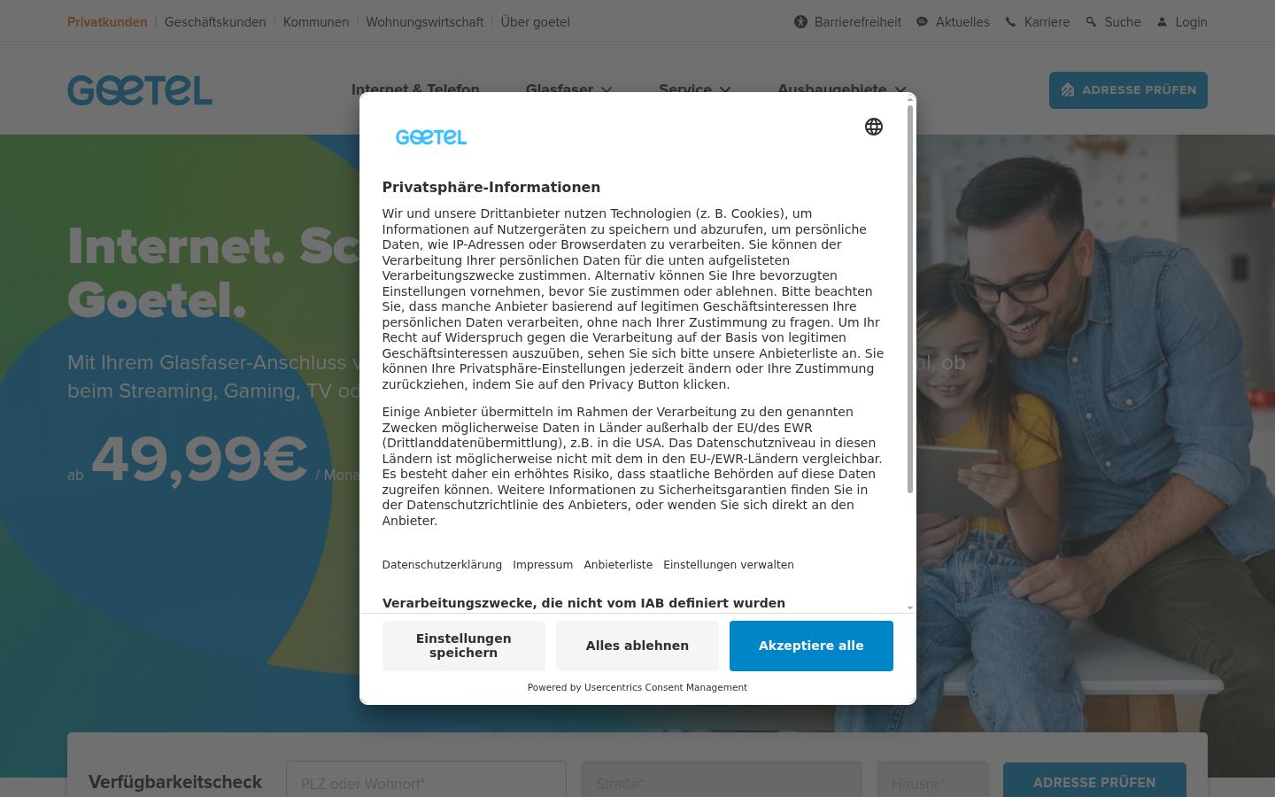 Screenshot del banner di consenso mostrato prima di qualsiasi interazione