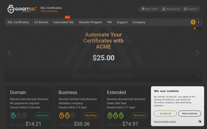 Screenshot of gogetssl.com