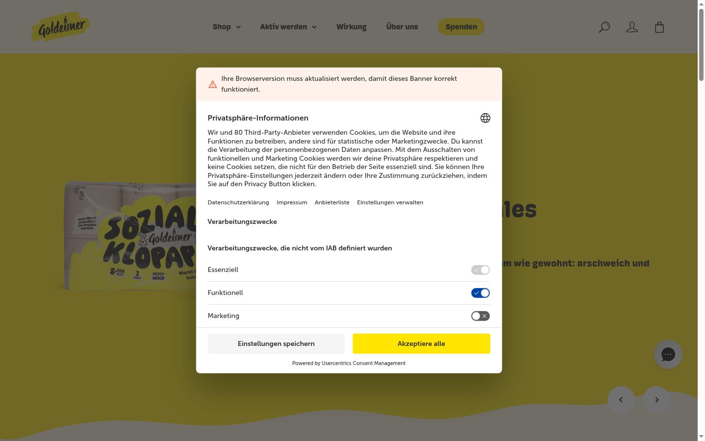 Screenshot del banner di consenso mostrato prima di qualsiasi interazione
