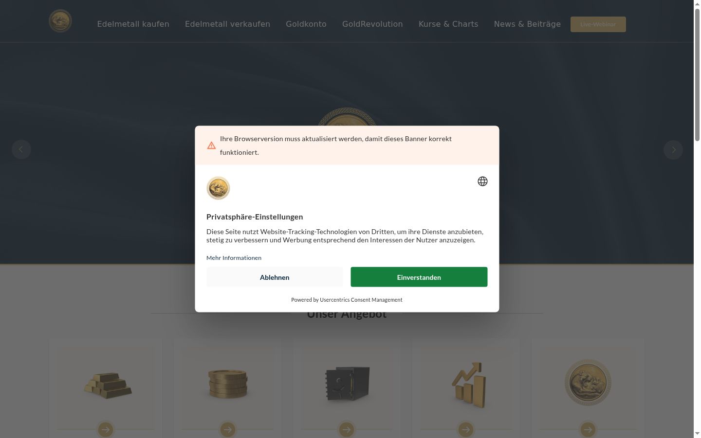 Screenshot del banner di consenso mostrato prima di qualsiasi interazione