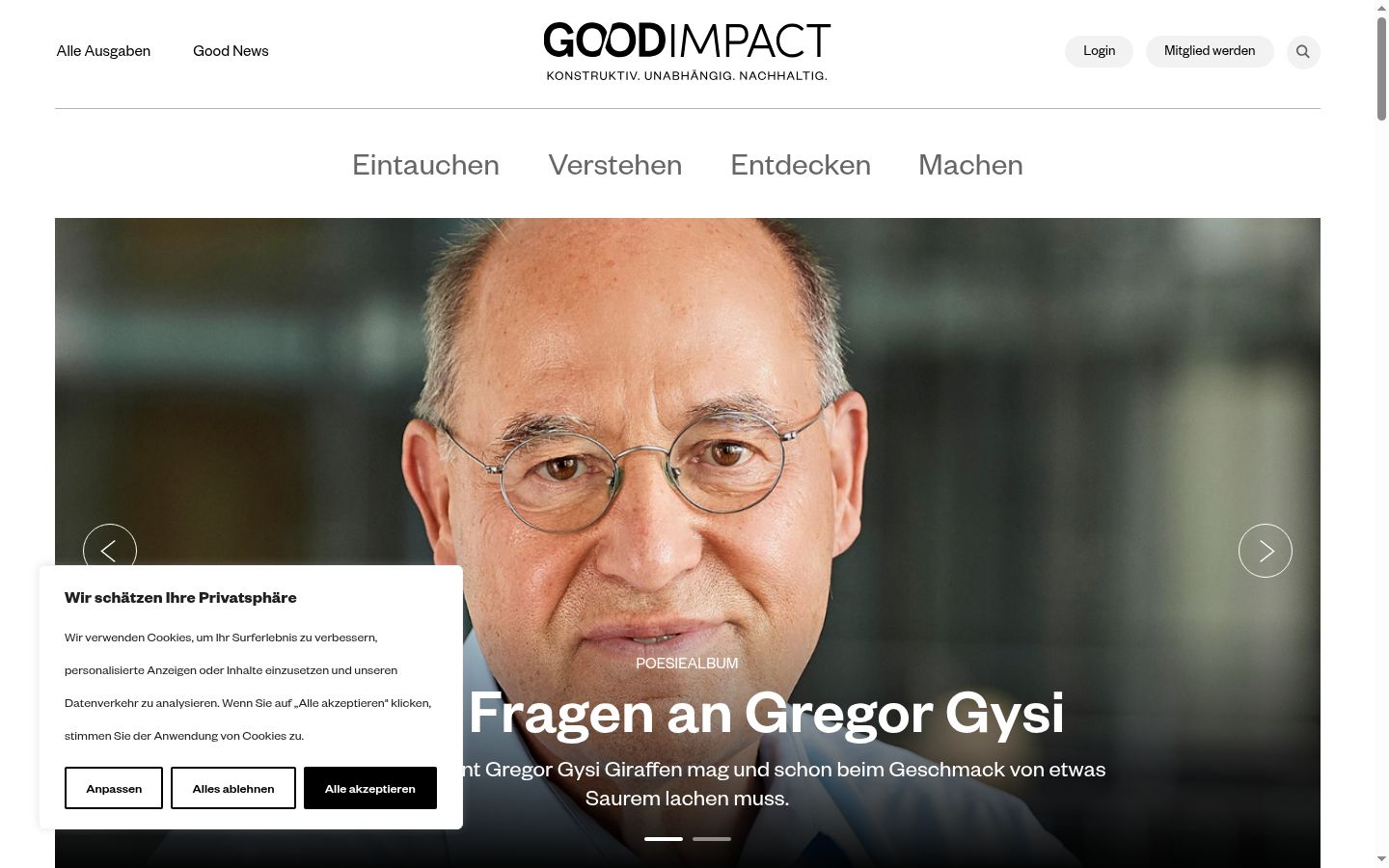 Screenshot des Einwilligungsbanners vor jeglicher Interaktion