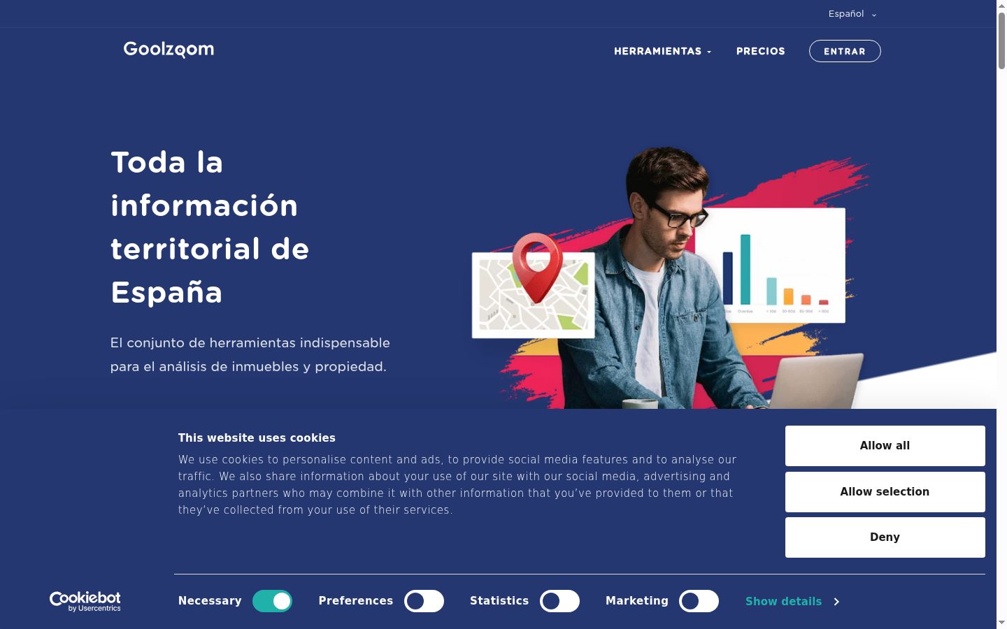 Captura de pantalla del banner de consentimiento mostrado antes de cualquier interacción