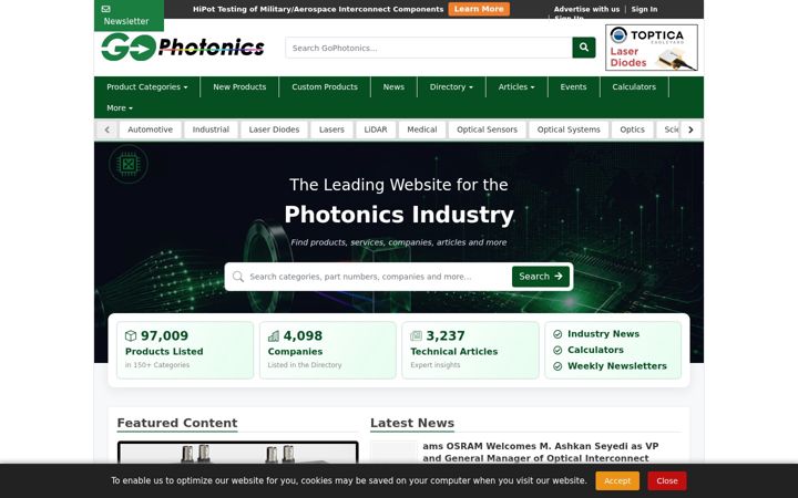 Snímek obrazovky gophotonics.com