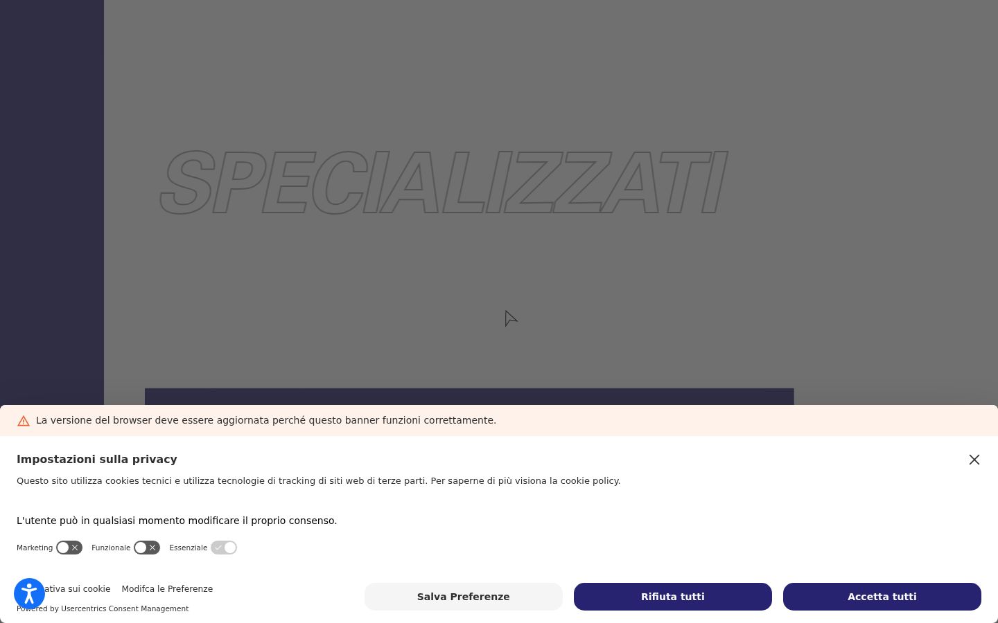 Screenshot del banner di consenso mostrato prima di qualsiasi interazione
