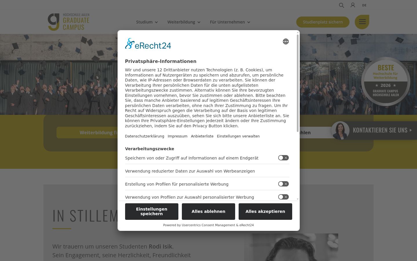 Screenshot des Einwilligungsbanners vor jeglicher Interaktion