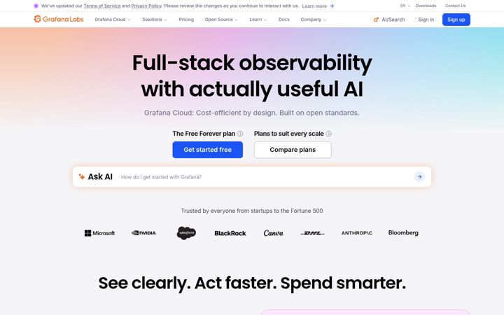 Skærmbillede af grafana.com