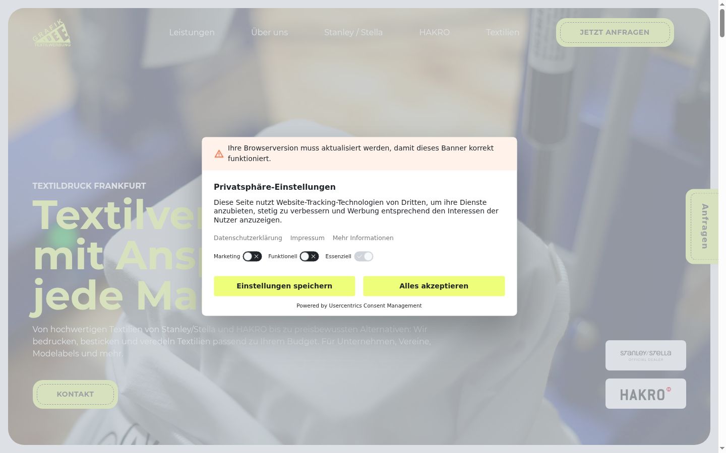 Screenshot del banner di consenso mostrato prima di qualsiasi interazione