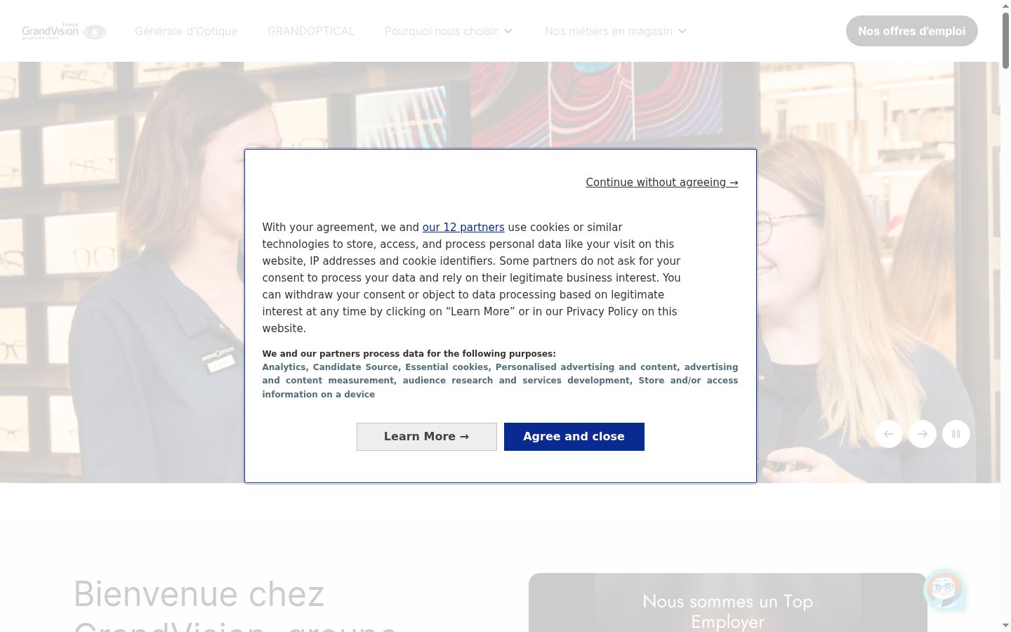 Capture d'écran de la bannière de consentement affichée avant toute interaction
