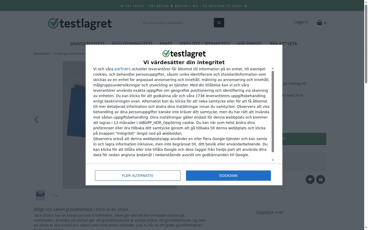 Skærmbillede af samtykkebanneret, som det blev vist før nogen interaktion