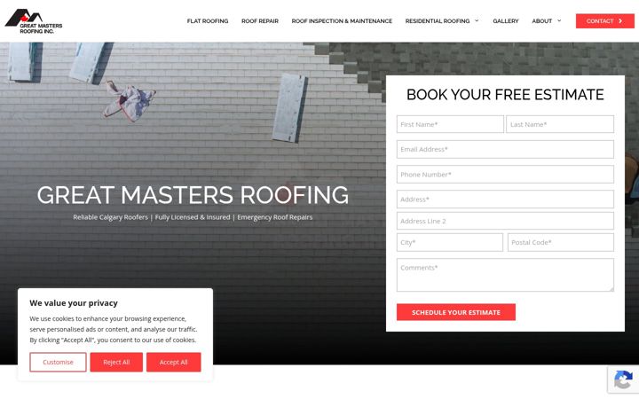 Screenshot of greatmastersroofing.ca