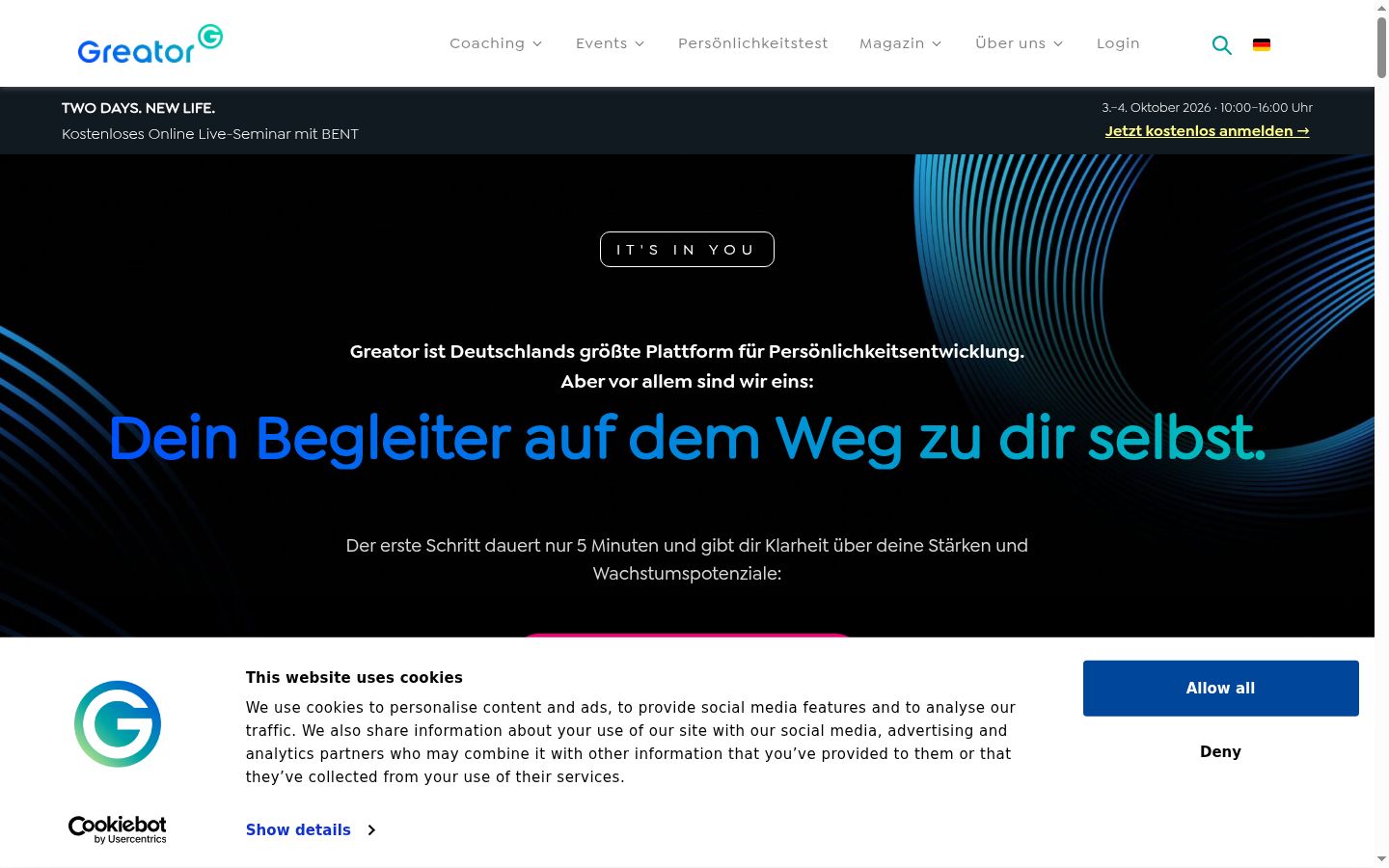 Screenshot des Einwilligungsbanners vor jeglicher Interaktion