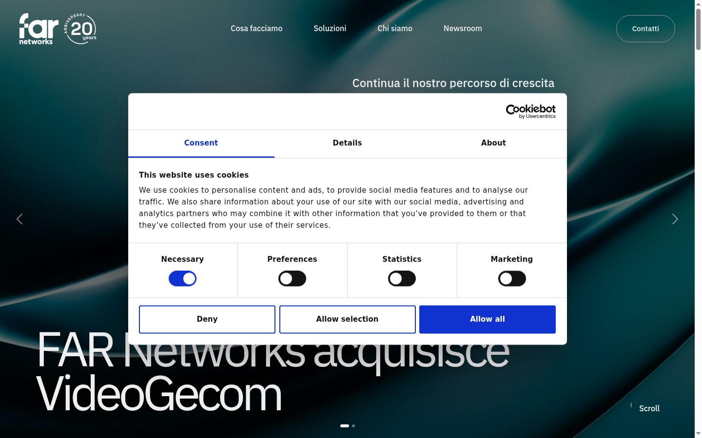 Screenshot del banner di consenso mostrato prima di qualsiasi interazione