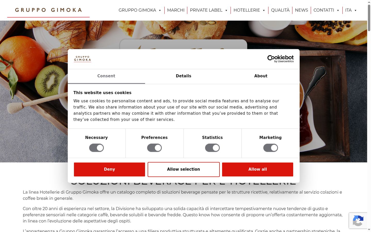 Screenshot del banner di consenso mostrato prima di qualsiasi interazione