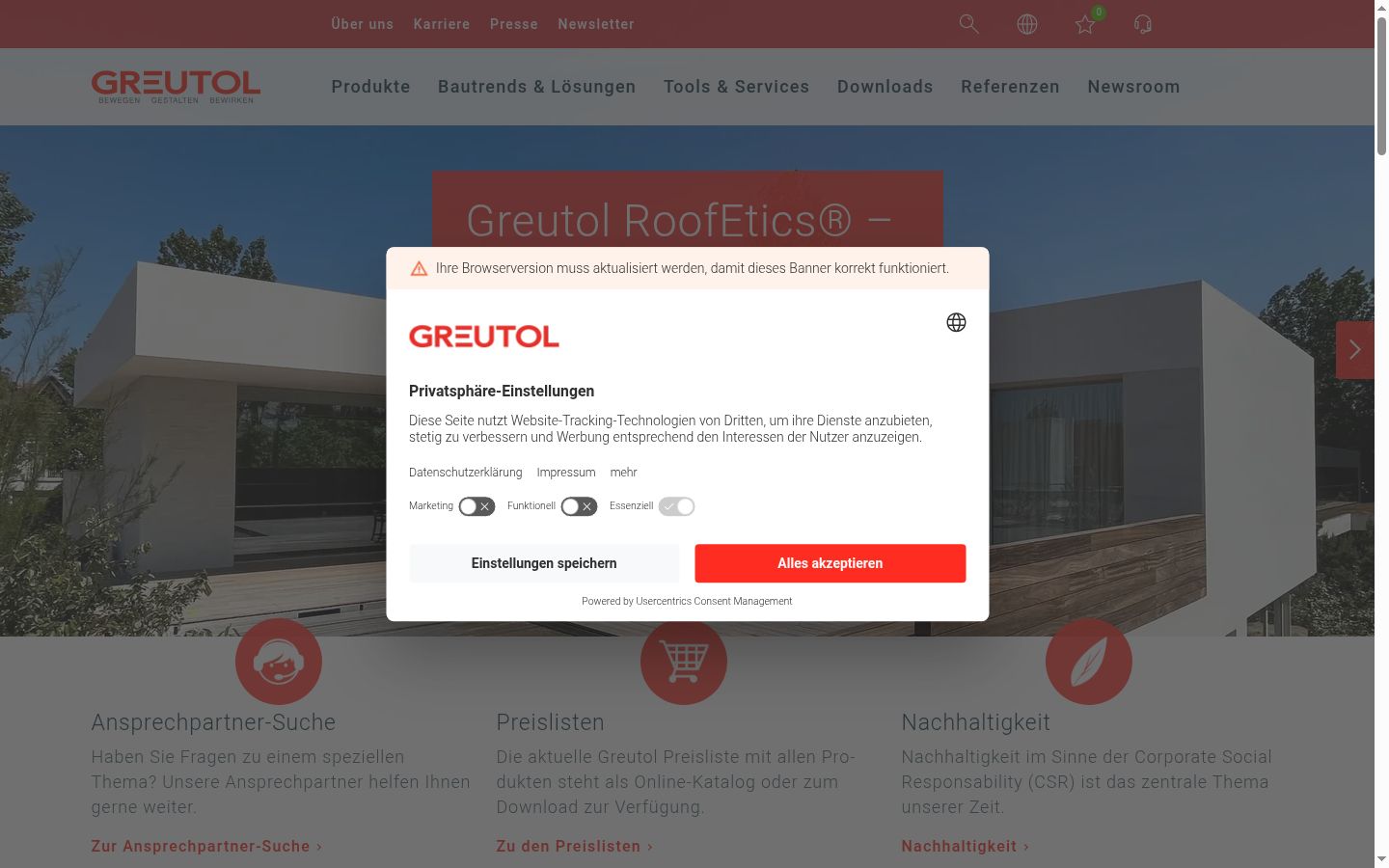 Screenshot des Einwilligungsbanners vor jeglicher Interaktion